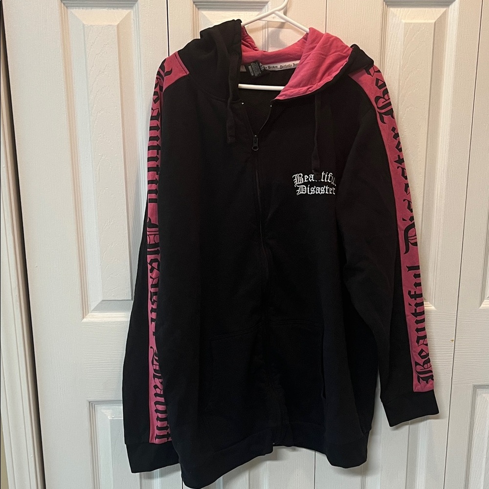 Black & Pink Zip-Up Hoodie with Graphic Sleeve Detail